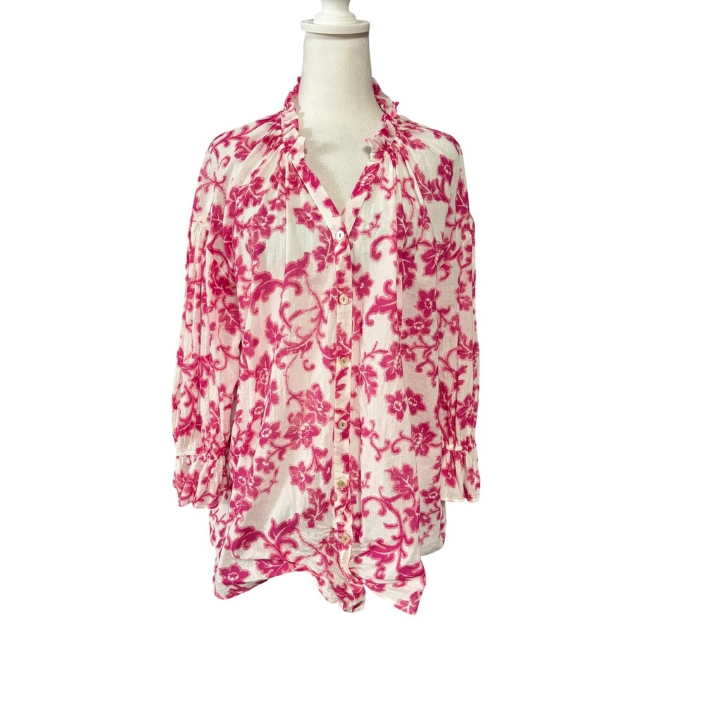 Ro's Garden Blouse Womens Large Pink Floral V Neck 3/4 Sleeve Tunic Boho Top